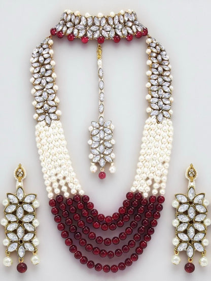 Luxury Etnico 18K Gold Plated Traditional 5 Layers Kundan & Pearl Beaded Moti Raani Haar Necklace Jewellery Set - Citarr