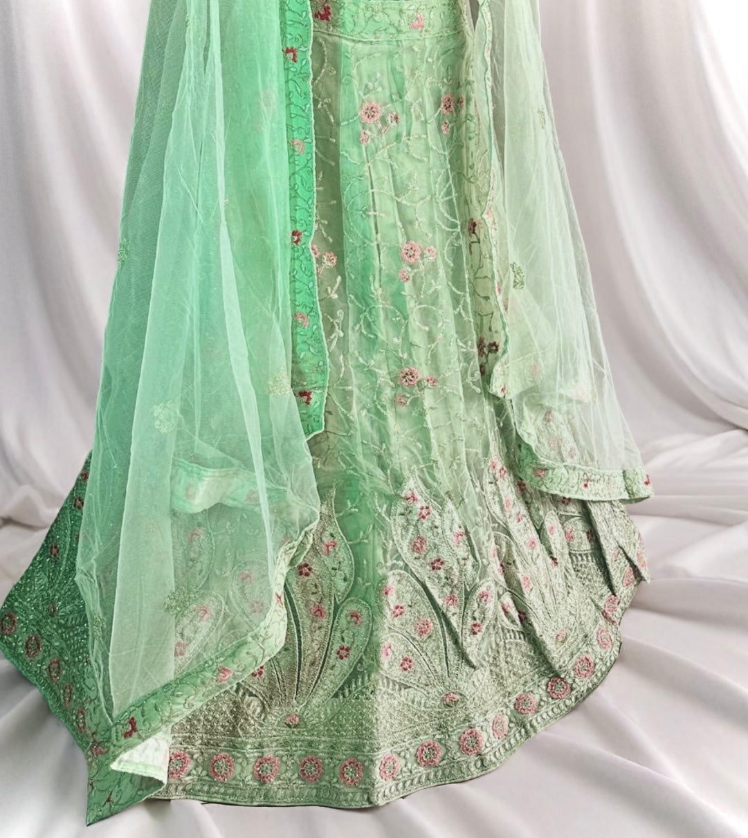 Spring Green Net Embroidered Lehenga Set with Floral Thread-work. Semi- stitched.