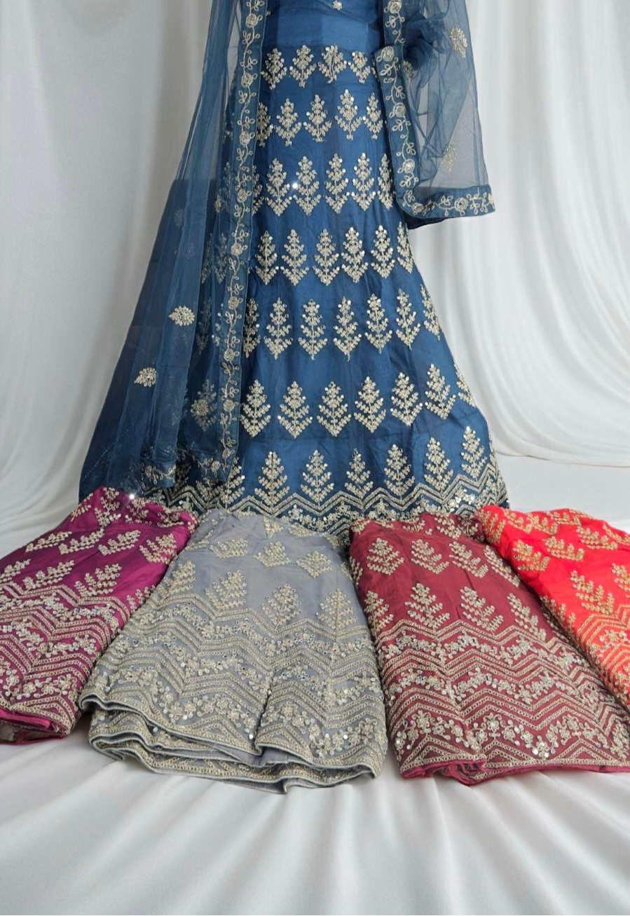 Midnight Blue Embroidered Mirrorwork Lehenga Set with Net Dupatta. Semi-stitched.