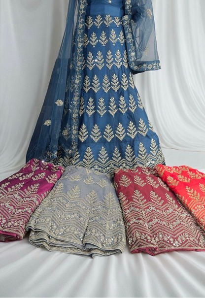 Midnight Blue Embroidered Mirrorwork Lehenga Set with Net Dupatta. Semi-stitched.