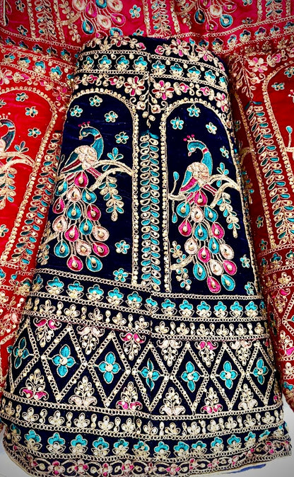 Royal Fuchsia & Red Bridal Lehenga Set with Hand Embroidery and Peacock Motifs Semi - Stitched.