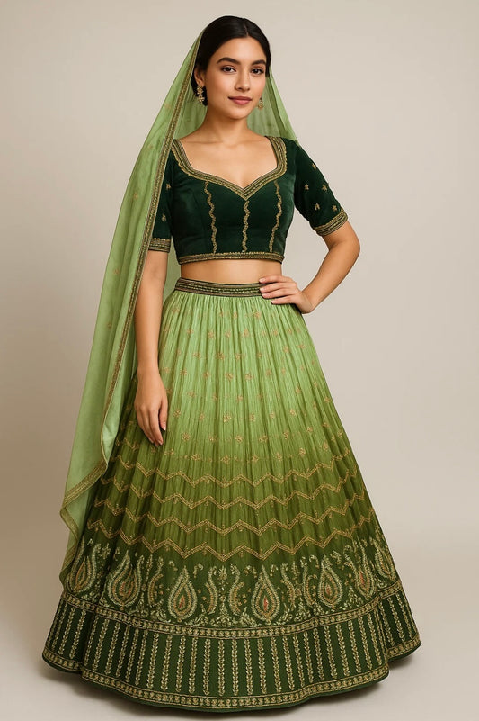 Pistachio & Olive Ombré Lehenga Set. Semi - Stitched.