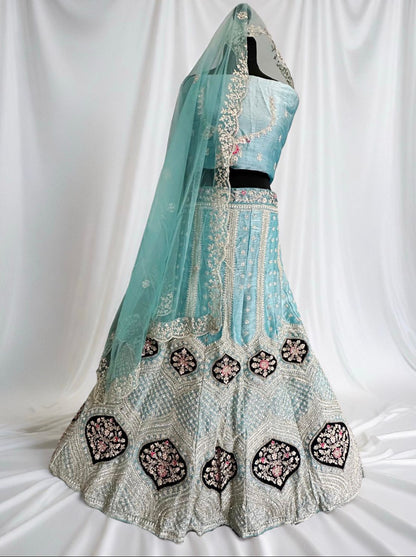 Royal Indian Bridal Lehenga- Semi Stitched. Light Sky-Blue colour & intricate hand embroidery. - Citarr