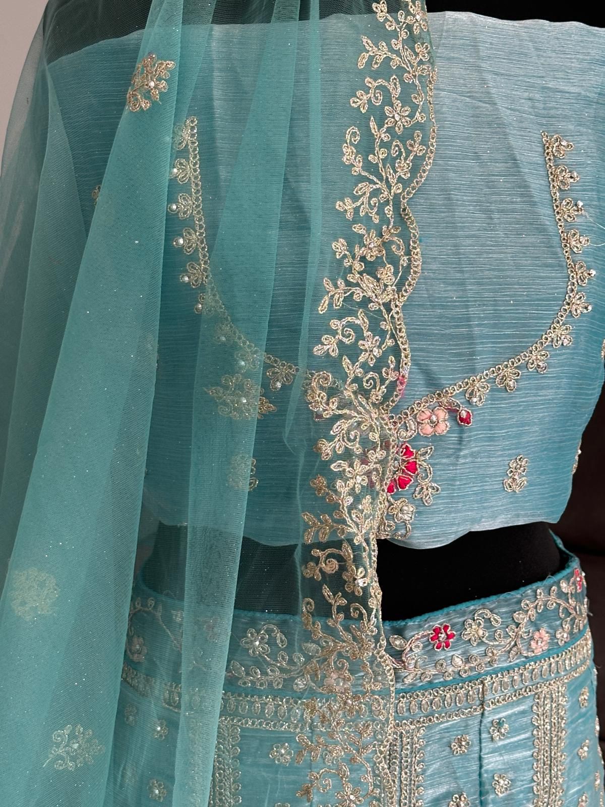 Royal Indian Bridal Lehenga- Semi Stitched. Light Sky-Blue colour & intricate hand embroidery. - Citarr