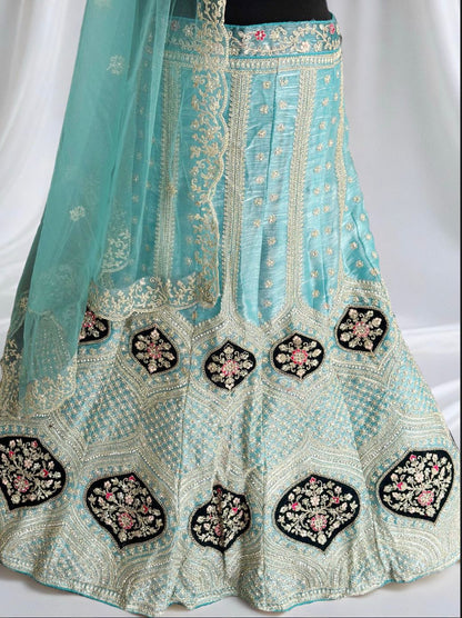 Royal Indian Bridal Lehenga- Semi Stitched. Light Sky-Blue colour & intricate hand embroidery. - Citarr