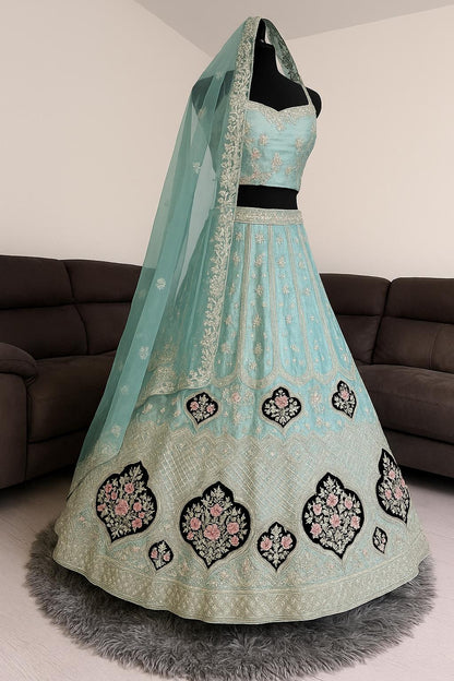 Royal Indian Bridal Lehenga- Semi Stitched. Light Sky-Blue colour & intricate hand embroidery. - Citarr