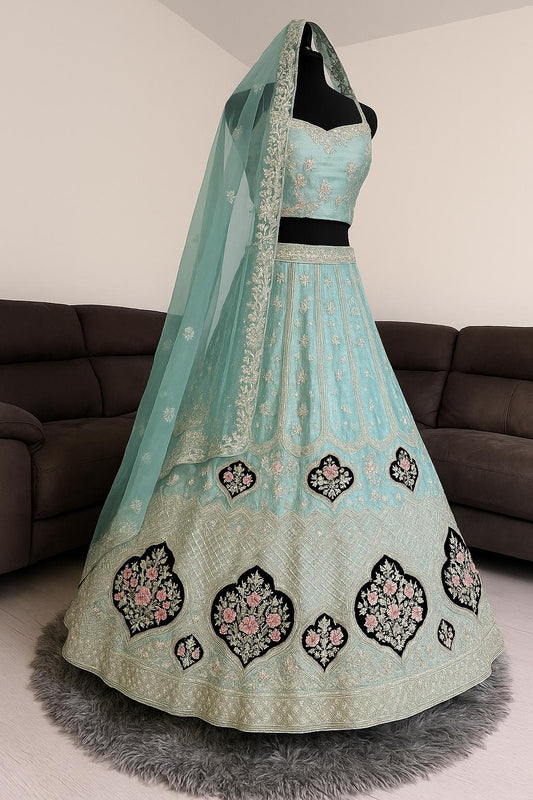 Royal Indian Bridal Lehenga- Semi Stitched. Light Sky-Blue colour & intricate hand embroidery. - Citarr