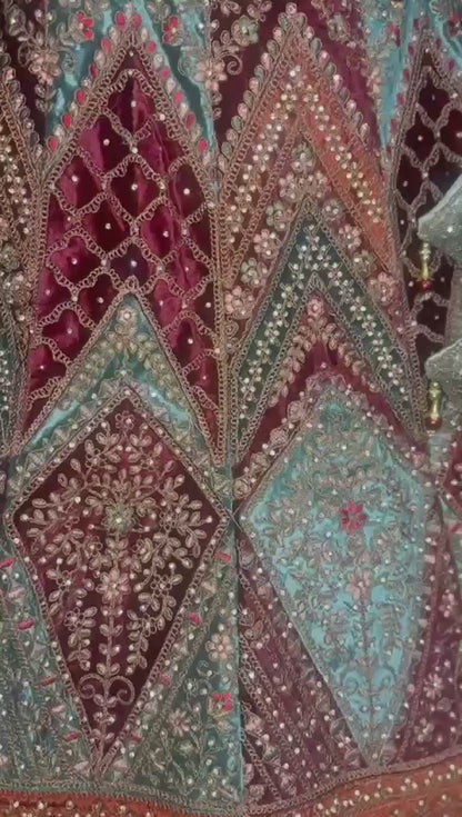 Royal Legacy: Intricately Hand-Embroidered Semi - Stitched Lehenga Set with Velvet Detailing.