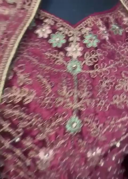 Royal Legacy: Intricately Hand-Embroidered Semi - Stitched Lehenga Set with Velvet Detailing.