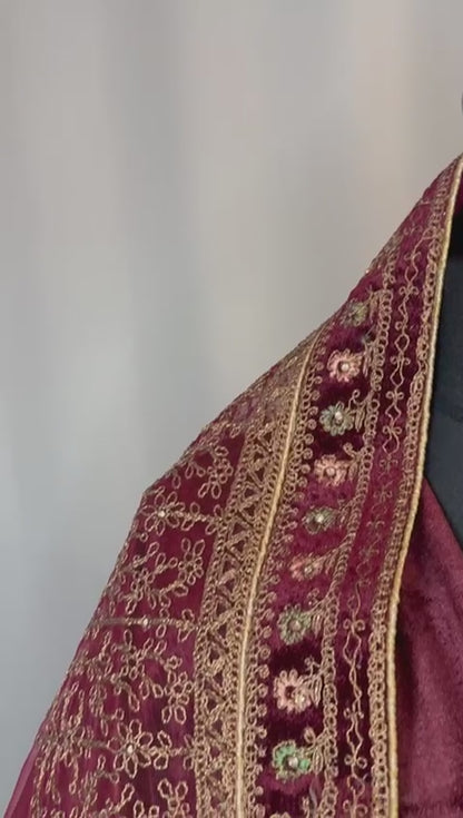 Royal Legacy: Intricately Hand-Embroidered Semi - Stitched Lehenga Set with Velvet Detailing.