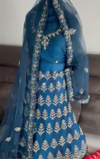 Midnight Blue Embroidered Mirrorwork Lehenga Set with Net Dupatta. Semi-stitched.